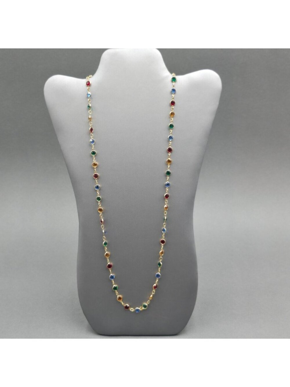 Gold Plated Multi Color Crystal Station Necklace 28" Bezel Glass Disk - Picture 2 of 8